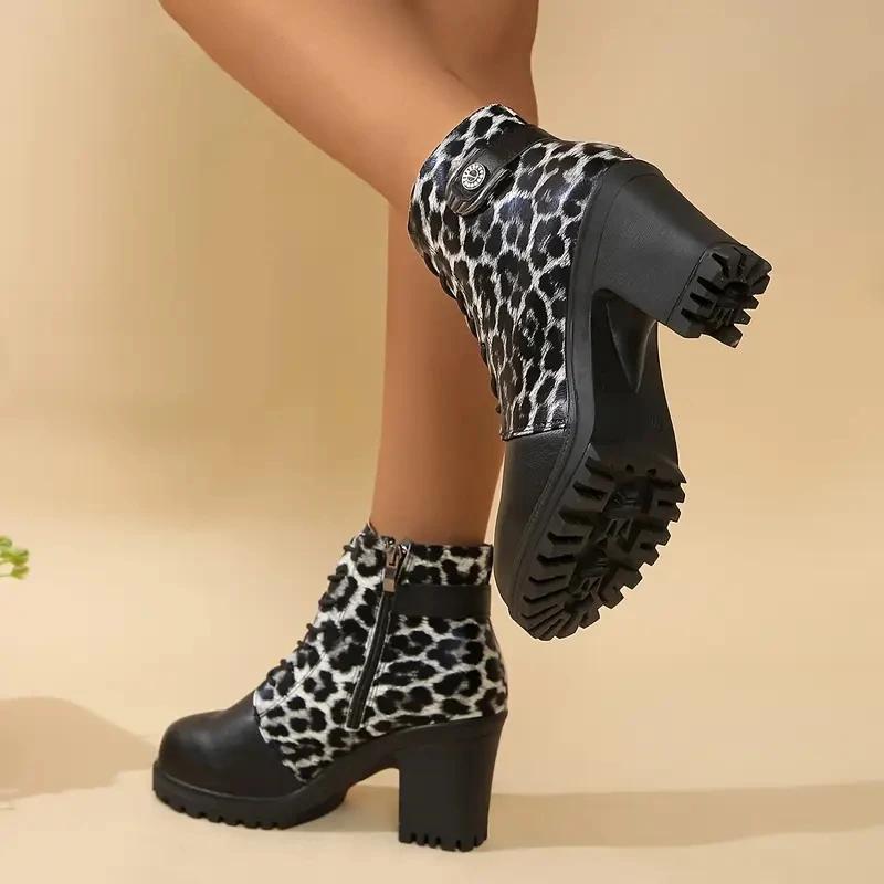 Round Toe Spring/autumn Modern Boots High Heel Square Heel Ladies Shoes On Sale 2025 Fashion Leopard Zip Women's Boots