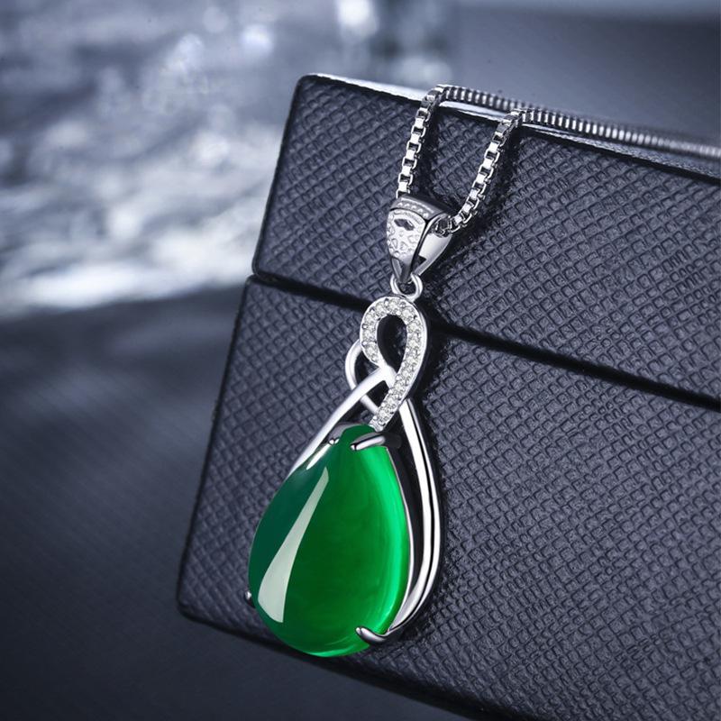 Teardrop Green Chalcedony and Diamond Emerald Necklace for Women