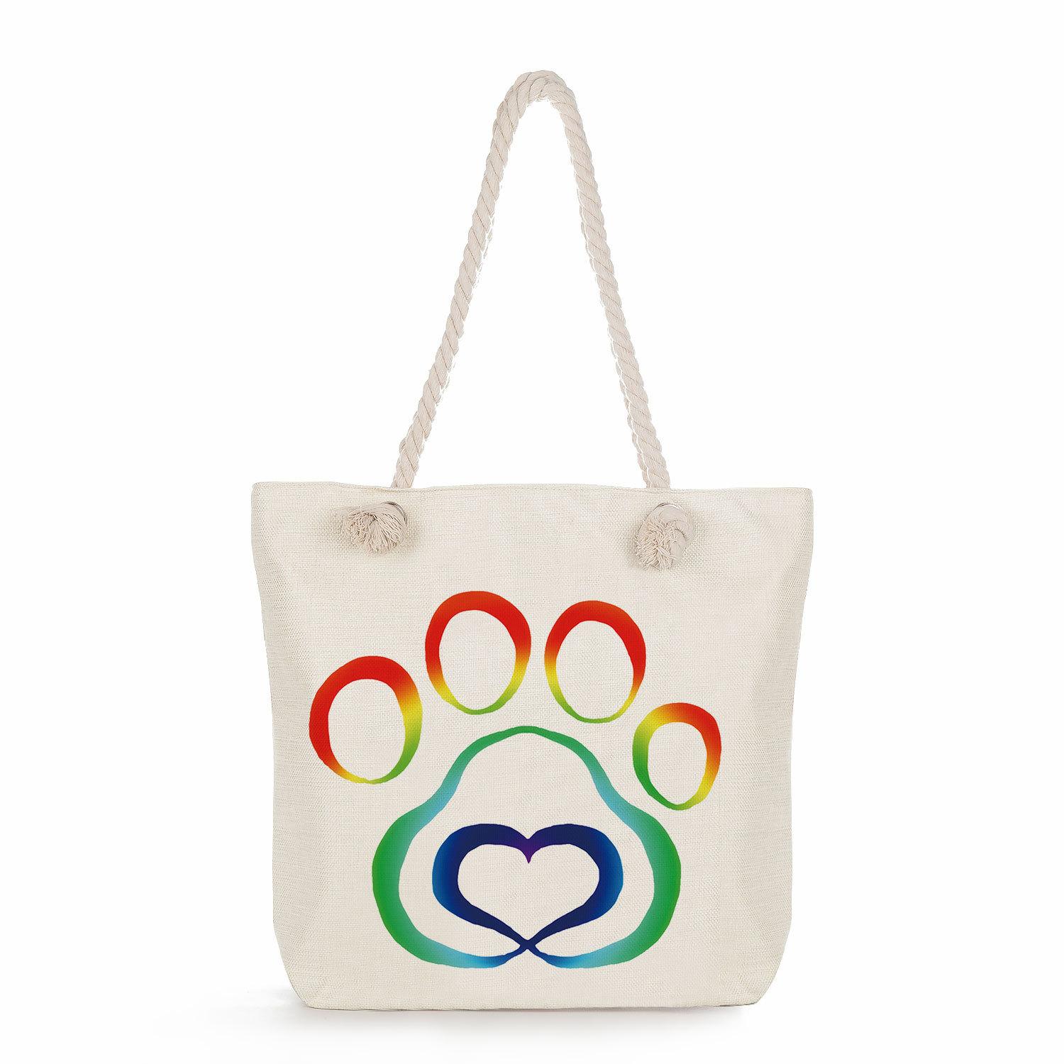 Dog paw print thick rope single-shoulder beach bag 7234