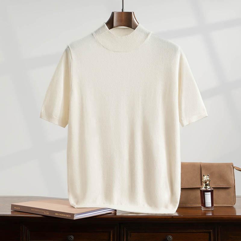 Men's Loose Fit Casmere Knit Half-High Neck Short Sleeve Pullover
