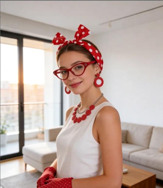PESENAR 50s Retro Housewife Costume Accessory Set with Red Polka Dot Headband, Gloves, Earrings and Glasses