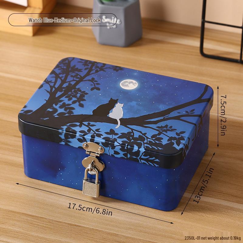 Lockable Retro Tin Box for Cosmetics, Documents, and Jewelry Storage