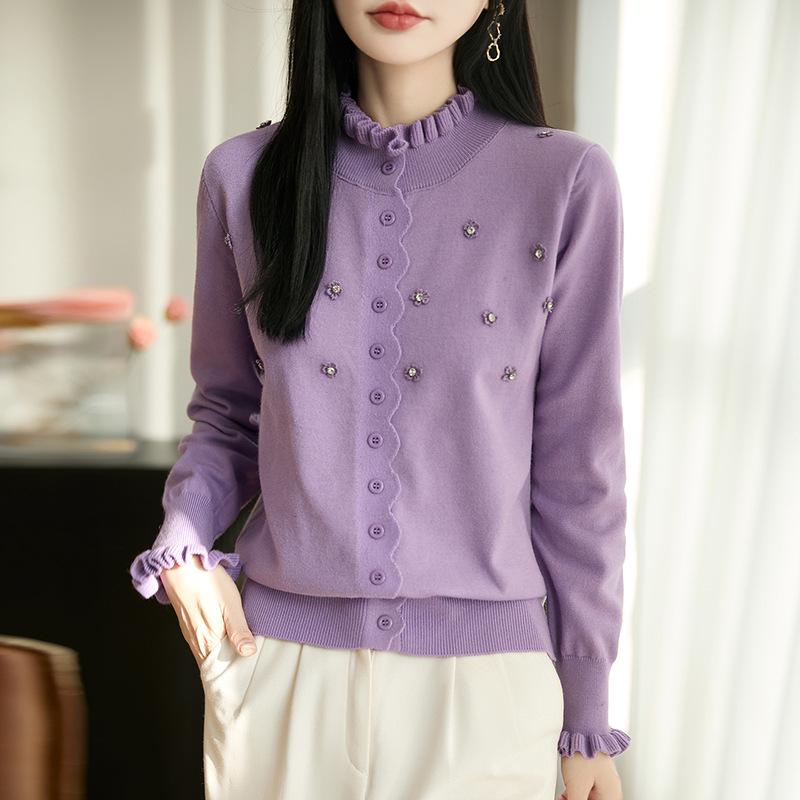 2026 Spring Women's Knitwear: Lace Ruffle Collar Cardigan Sweater, Button-Up Coat, Korean Style