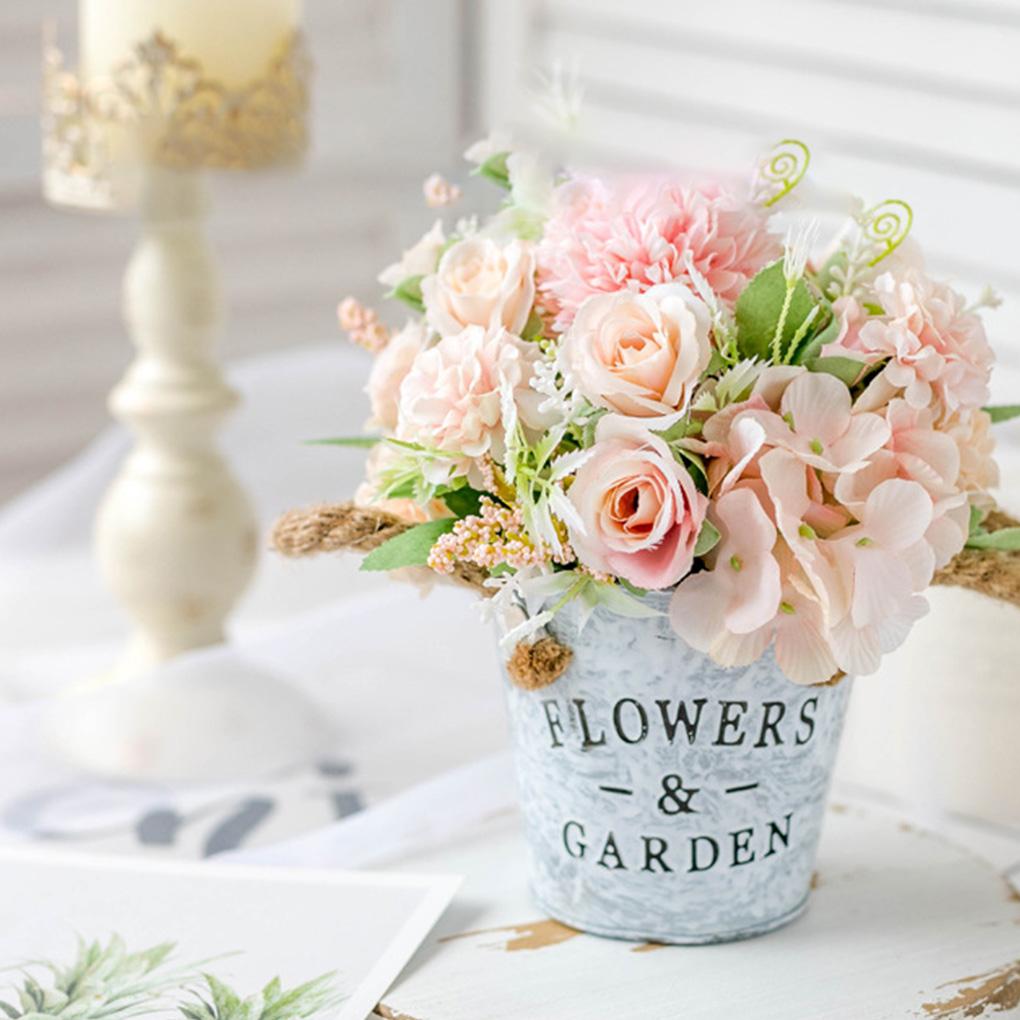 Artificial Flowers with Vase Faux Rose Plants Bucket Arrangement Decorations Home Decor Planter Container for