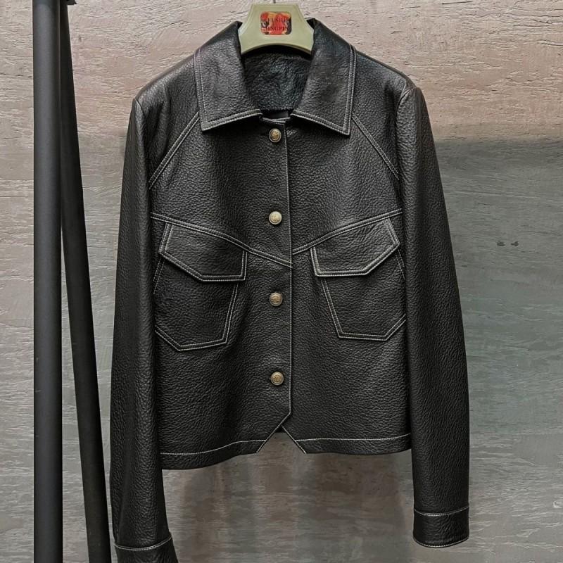 Womens Short PU Leather Jacket Casual Turn-Down Collar Biker Style Streetwear Coat