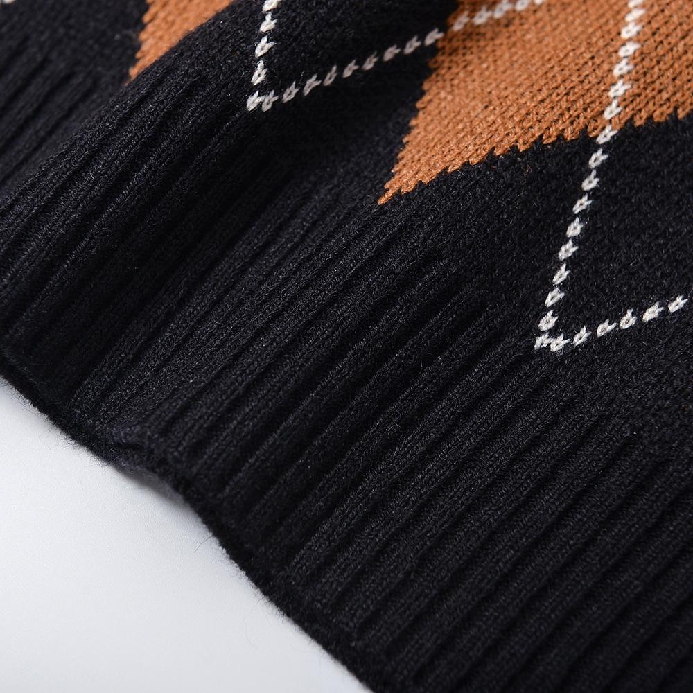 Men's Retro Argyle Sweater Long Sleeve Slim Fit Crewneck Pullover Sweater