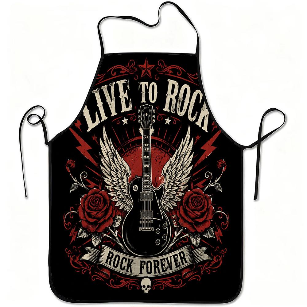 1pc Live To Rock Guitar with Wings And Roses Print Apron, Durable And Easy To Clean, Adjustable Waistband, Polyester Material, F