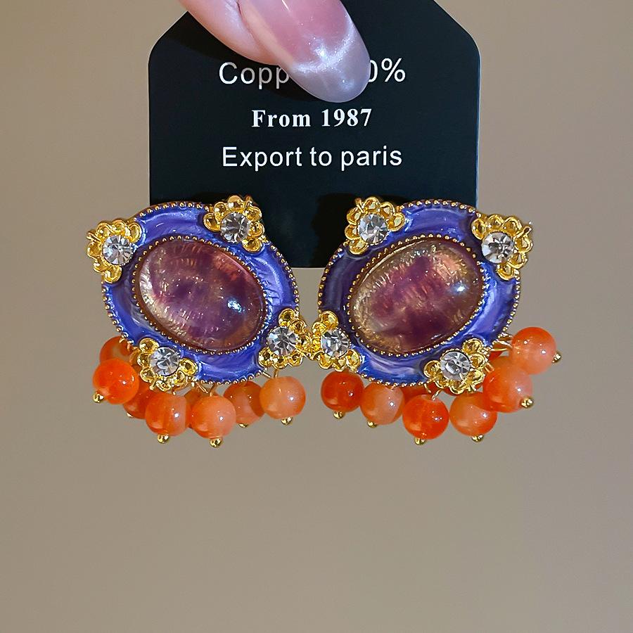 Vintage Purple Orange Green Mix Color Resin Rhinestones Oval Geometric Beads Strand Tassel Dangle Earrings for Women Gifts фиолетовый