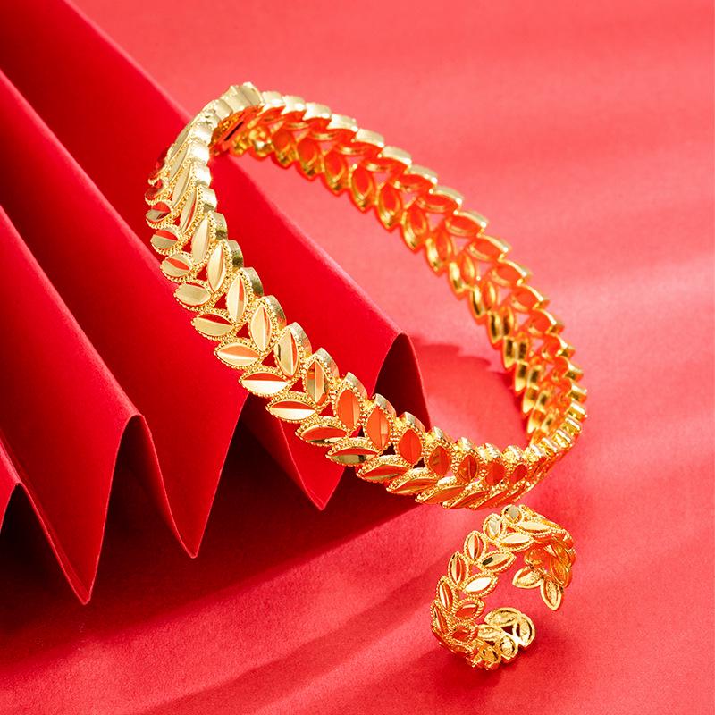 Gold-Plated Wheat Ear Buckle Bracelet & Double Layer Leaf Open Ring for Women