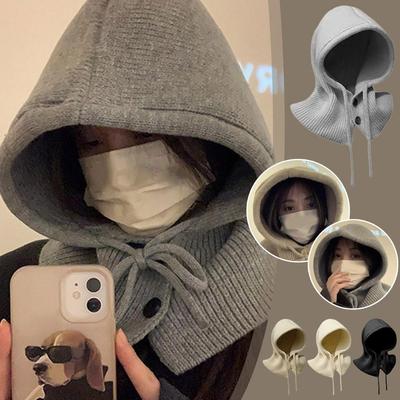Winter Fashion Knitted Hooded Hat Women Grey Neck Cover Balaclava Beanies Korean Trend Y2k Wool Pullover Hat