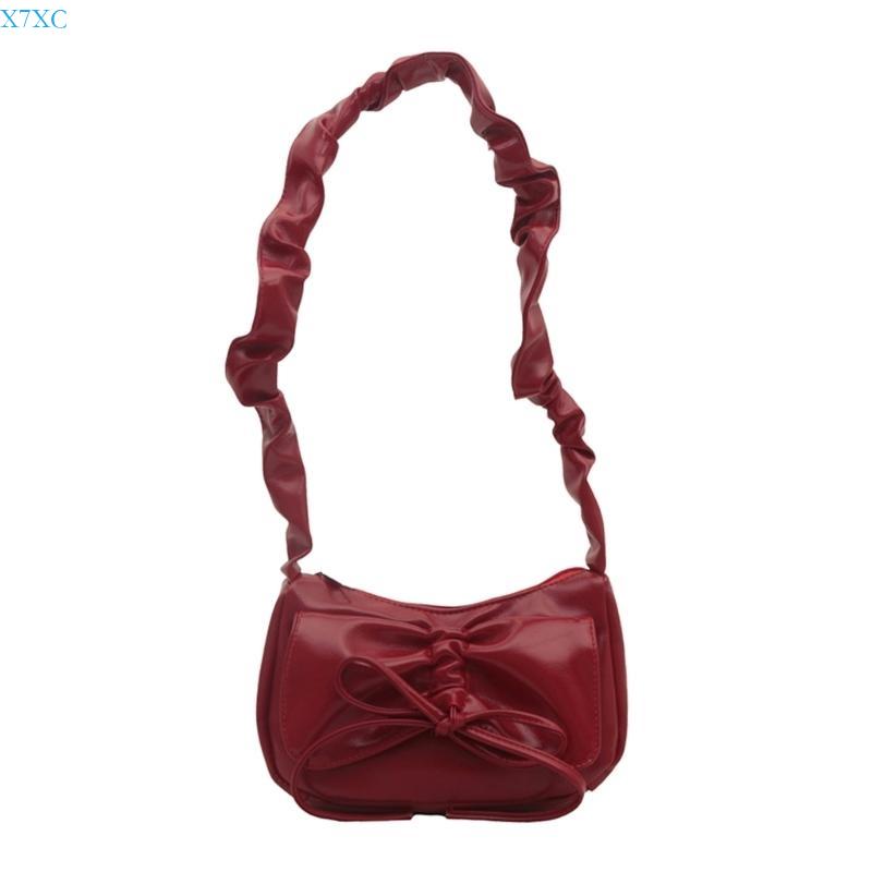 X7XC Trendy Pleated Bowknot PU Leather Shoulder Handbag Elegant Zippered Ruched Underarm Bag Purse for Students and Women красный