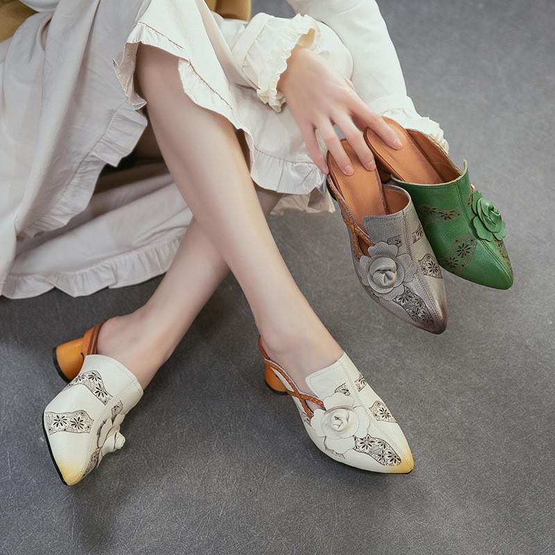 Johnature Vintage Genuine Leather Handmade Flower High Heel Slippers Pointed Toe Women's Shoes