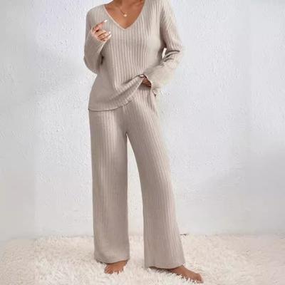 Autumn and Winter Women's Knitted Pit Stripe Milled Long Sleeve Suit V-Neck Loose Casual Pant Suit
