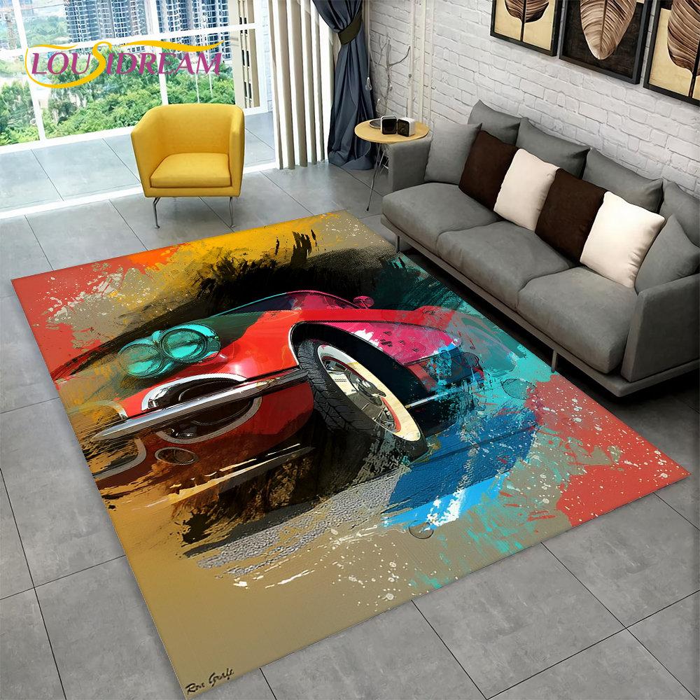Großer Teppich mit Rennsportwagen-Motiv, Teppich für Zuhause, Wohnzimmer, Schlafzimmer, Sofa, Fußmatte, Dekoration, rutschfeste Bodenmatte für Kinder, Küche