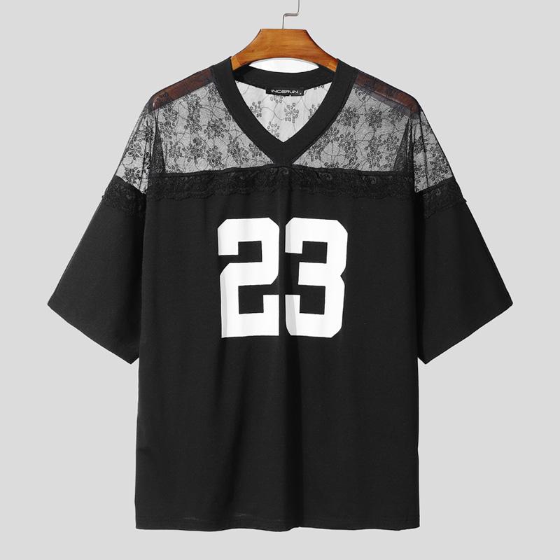 INCERUN Men Casual V Neck Short Sleeve Lace Sheer Patchwork Tops