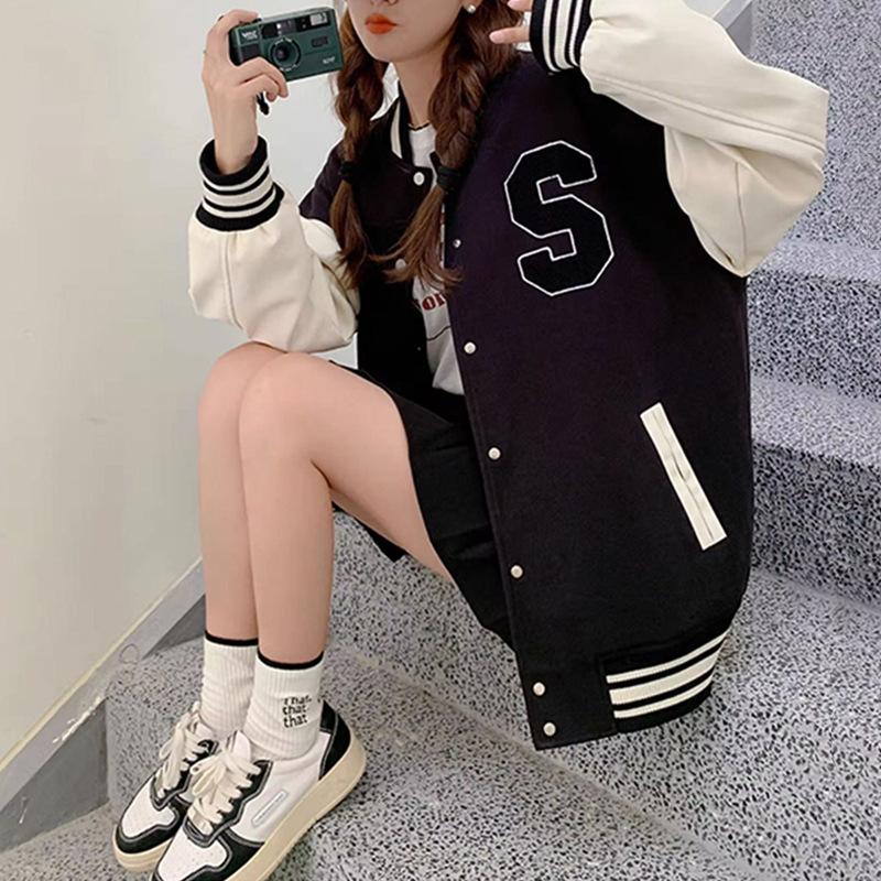 Jaqueta de beisebol solta com emenda de cores contrastantes para mulheres outono