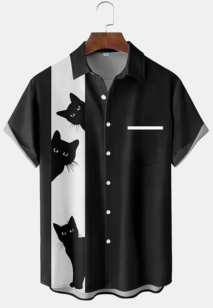 Kočičí potisk tričko s přední zvířecí kočkou na letní oblečení Černá [aspersio] Krátký rukáv s límečkem, unikátní, zábavné, pánské, výrazné, top, cool, volného střihu