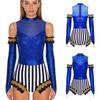 Adult Circus Ringmaster Bodysuit Sequined Patchwork Ruffled Hem Leotard and Metallic Gloves for Halloween Dress Up Party
