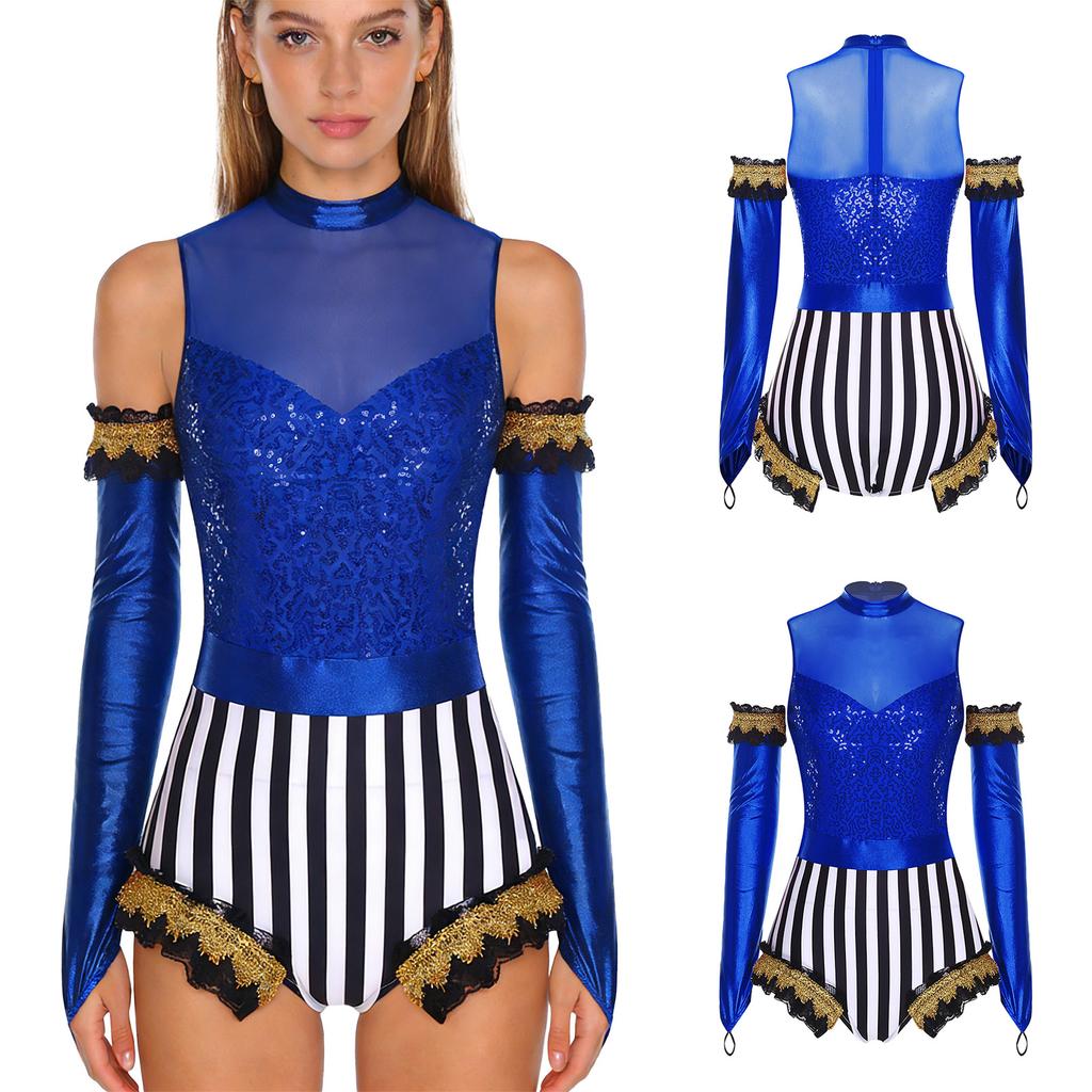 Adult Circus Ringmaster Bodysuit Sequined Patchwork Ruffled Hem Leotard and Metallic Gloves for Halloween Dress Up Party
