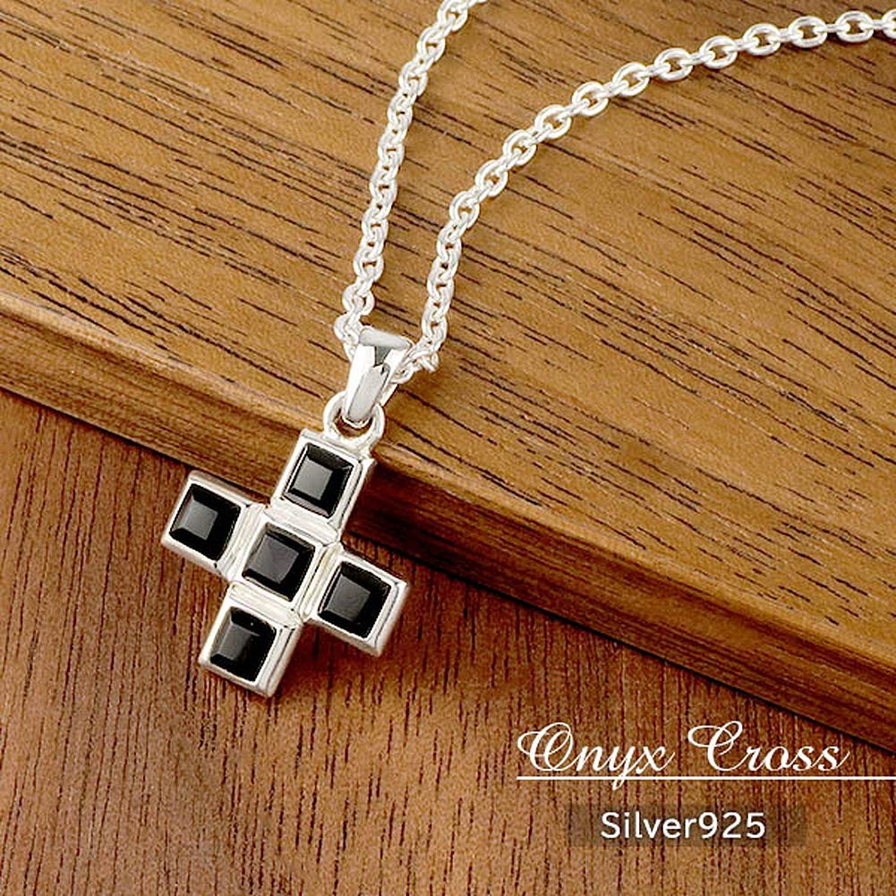 Gin No Onyx Cross Silver 925 Necklace Pendant for Natural Simple [Shinjuku Kura] (with Chain) Men, Stone, Cross, Black, Hard,