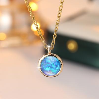 Luxury Female Blue White Opal Round Stone Pendant Necklace Vintage Gold Color Wedding For Women