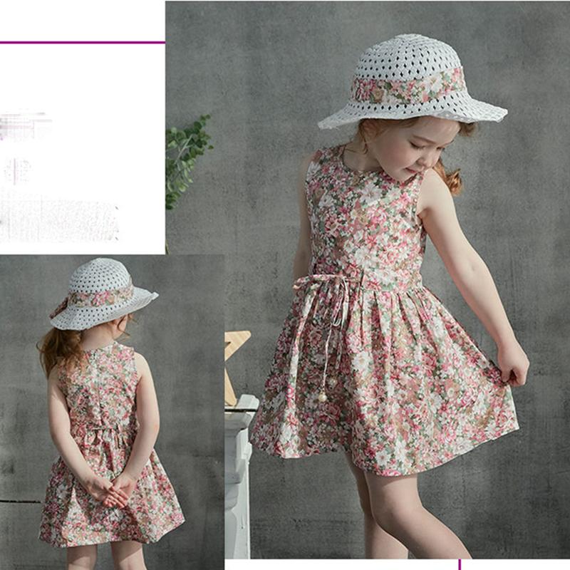 2 Teile/satz Mädchen Kleid + Hut Baumwolle Komfortable kinder Kleid Sommer Kleid Floral Mädchen Ärmelloses Kleid Für Kinder