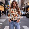 Women's Slim Fit Maple Leaf Print Long Sleeve Round Neck T-Shirt for Fall Casual Wear