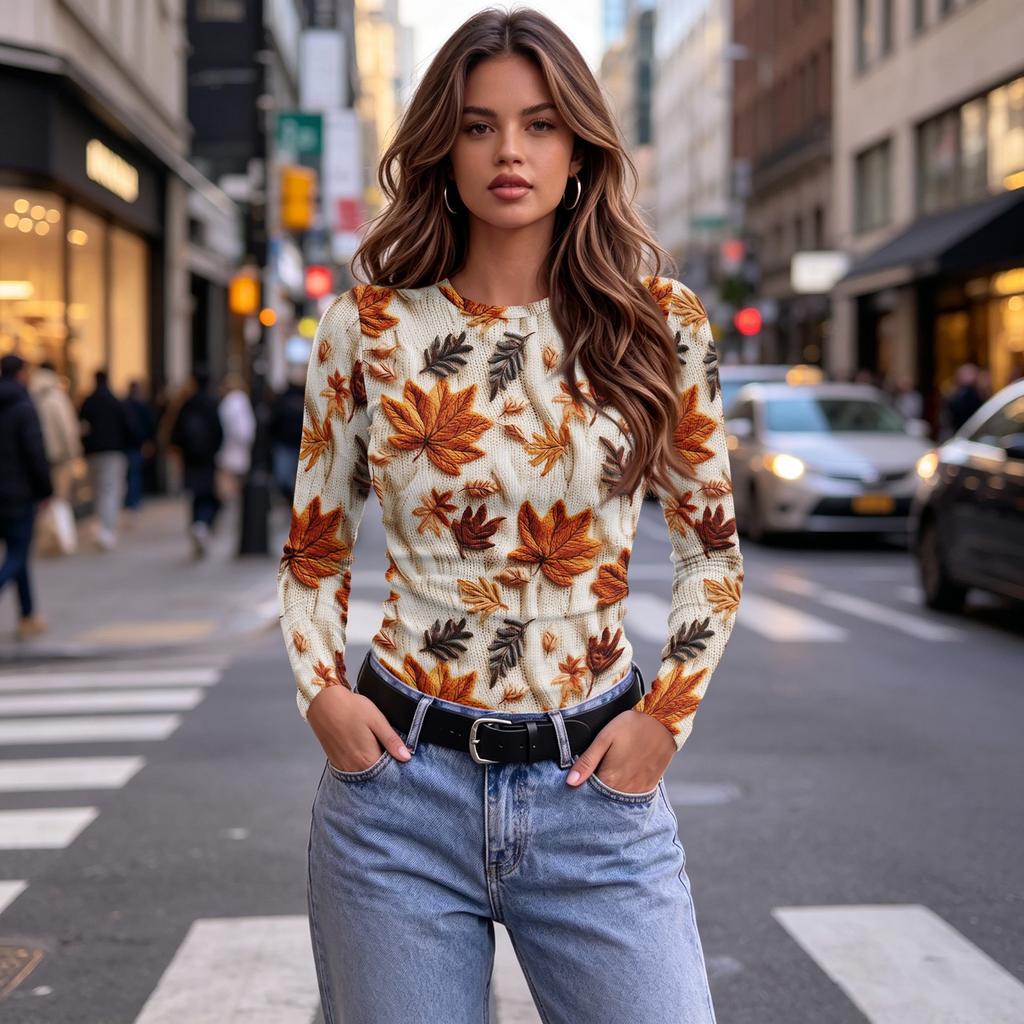 Women's Slim Fit Maple Leaf Print Long Sleeve Round Neck T-Shirt for Fall Casual Wear