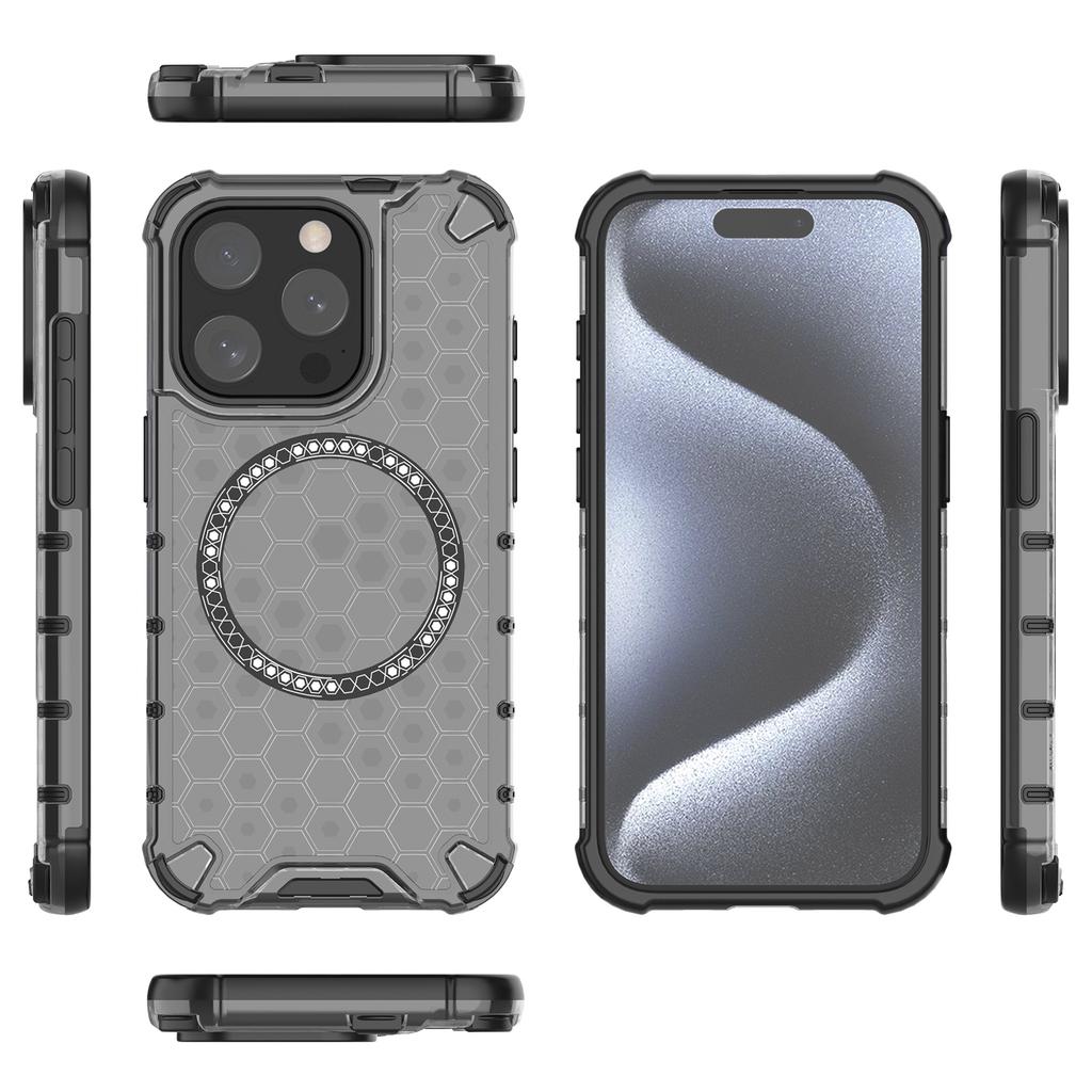 For iPhone 15 Pro Magnetic Case Honeycomb Texture TPU+PC Anti-drop Phone Cover