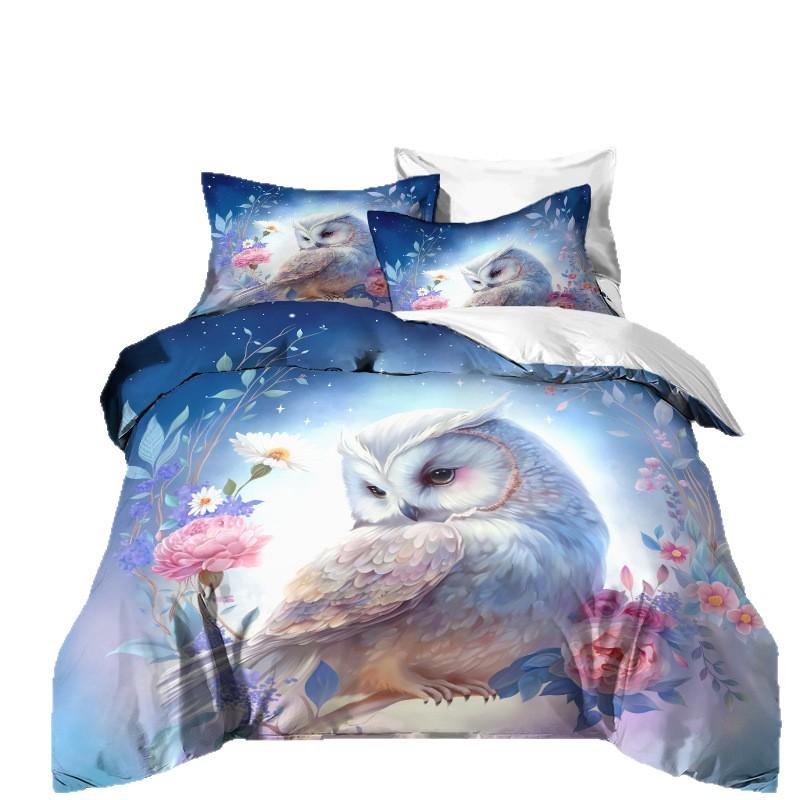 Eule 3D Digitaldruck Dreiteiliges Set Hautfreundlich Atmungsaktiv Bettbezug Studentenwohnheim Bettwäsche