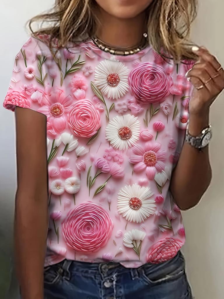 Elegant and Fashionable Colorful Rose Print Round Neck Ladies T-shirt Summer All-match Refreshing T-shirt