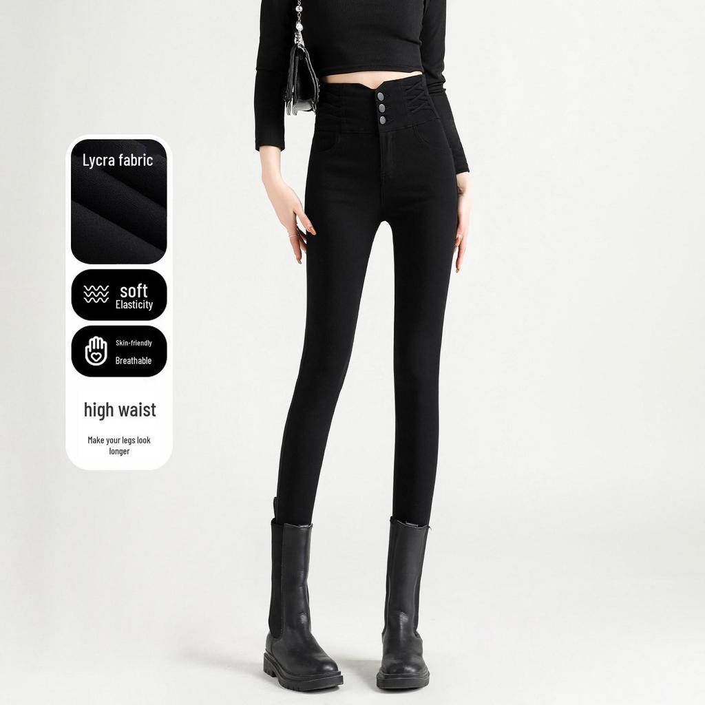 High-Waisted Black Slimming Leggings for Women - Spring 2026 Slim-Fit Pencil Style, Elastic, Tight-Fitting.
