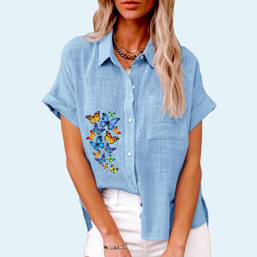 

Модная женская рубашка с воротником с лацканами, летняя и осенняя рубашка с принтом бабочки и карманом, топ с короткими рукавами, повседневные льняные блузки 5XL светло-синий