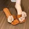 Slope heel open-toed one-word slippers for women in summer, new flower-decorated square head cool slippers