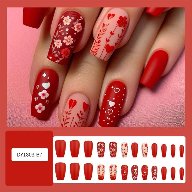 24 Pcs Flowers False Nail Valentines Day Press On Nail New Year Acrylic Nail Glossy Heart Full Cover Stick on Nail