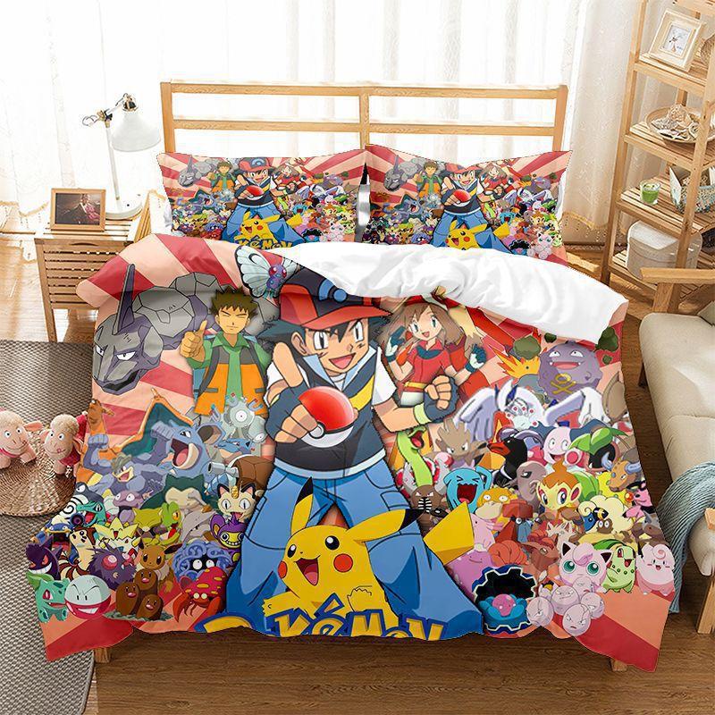 Pokemons Cartoon Anime Bedding Set Kawaii Pikachu Gengar Eevee Charizard Quilt Duvet Cover Pillowcase Kid Bed Set Twin King Size