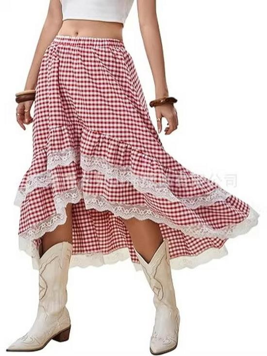 2026 Bohemian Style Printed Waist-Cinched Retro Short Skirt with Elegant Long Lace Design