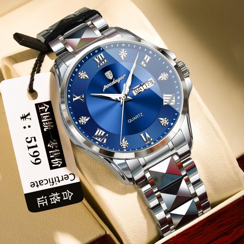 Mens Luxury Dual Calendar Quartz Watch With Luminous Hands Date Day Display Stainless Steel Band 42mm Round Dial