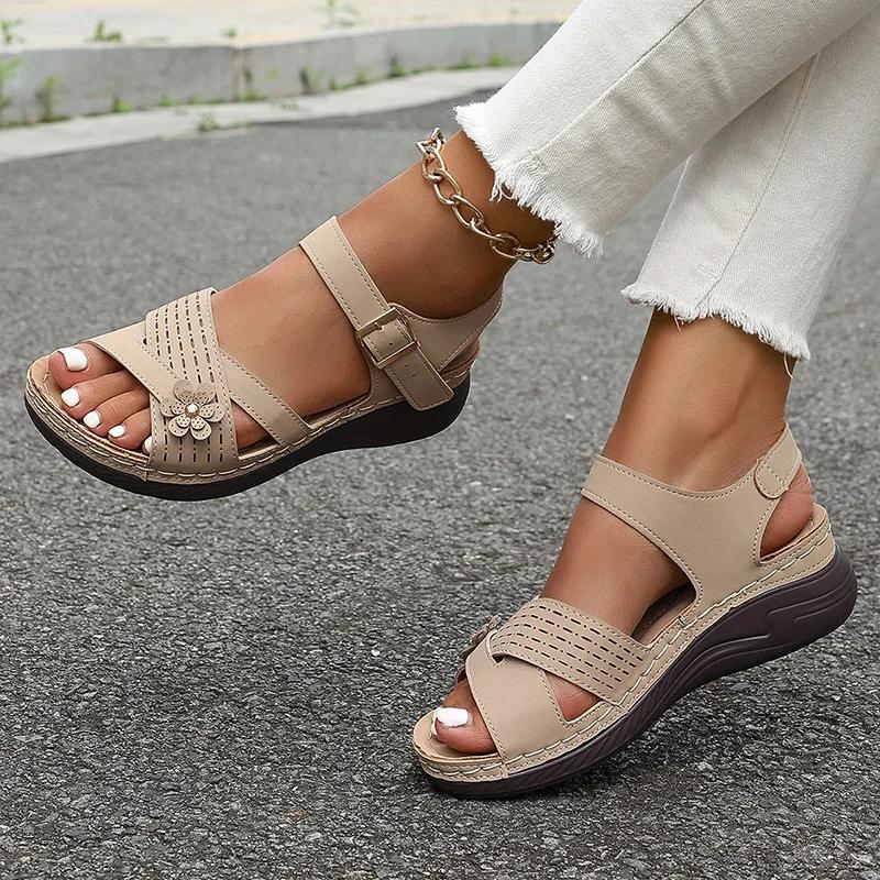 Fashion Women's Sandals Retro Flower Plarform Sandals Women Plus Size Ankle Buckle Wedge Sandles Luxury Woman Comfort Non Slip Sandalias