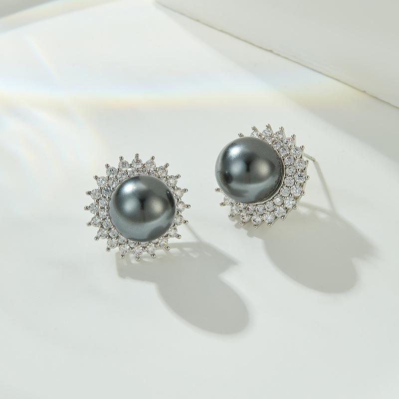 1PAIR of Fashionable and Elegant Imitation Pearl Stud Earrings, Light Luxury and High-end Micro-inlaid Zircon Round Earrings, Exquisite Earrings.