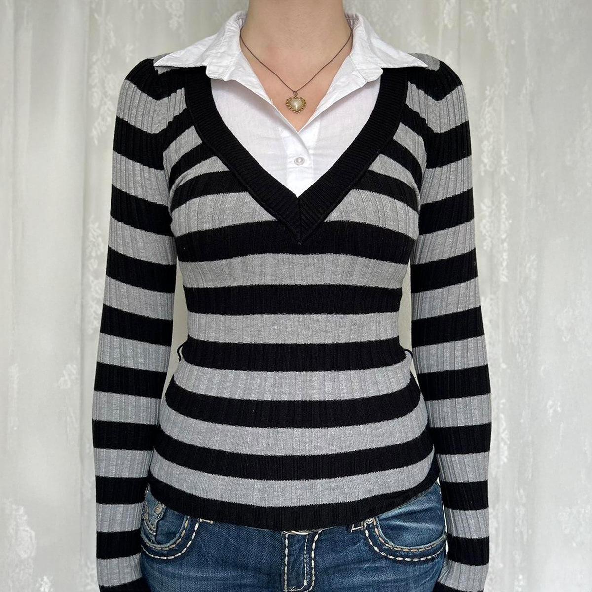 

Повседневная отпускная футболка с полосками, с длинным рукавом, шерстяная женская одежда 2025 осень-зима M серый
