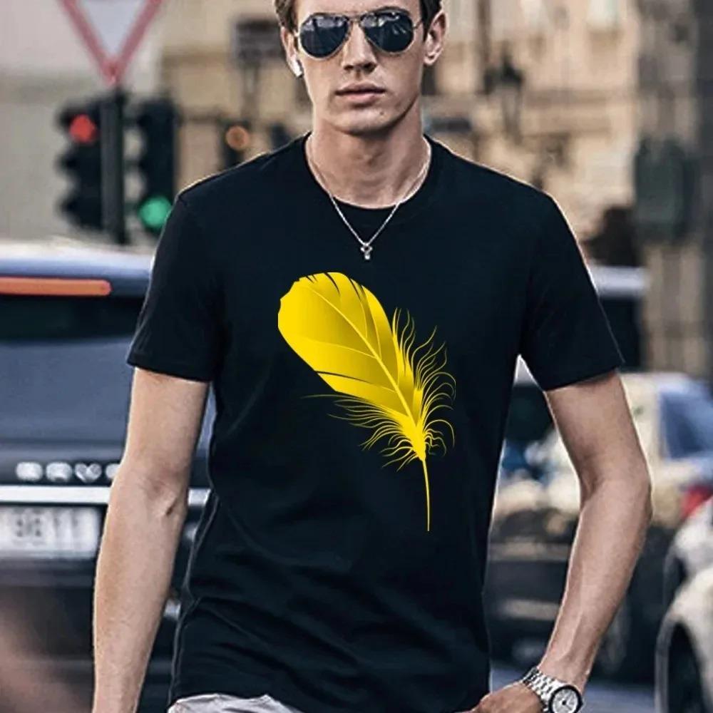 

2023 Летняя мужская одежда Футболка с короткими рукавами Повседневная дышащая мужская одежда Футболка с круглым вырезом с принтом перьев Модные новые топы L чёрный