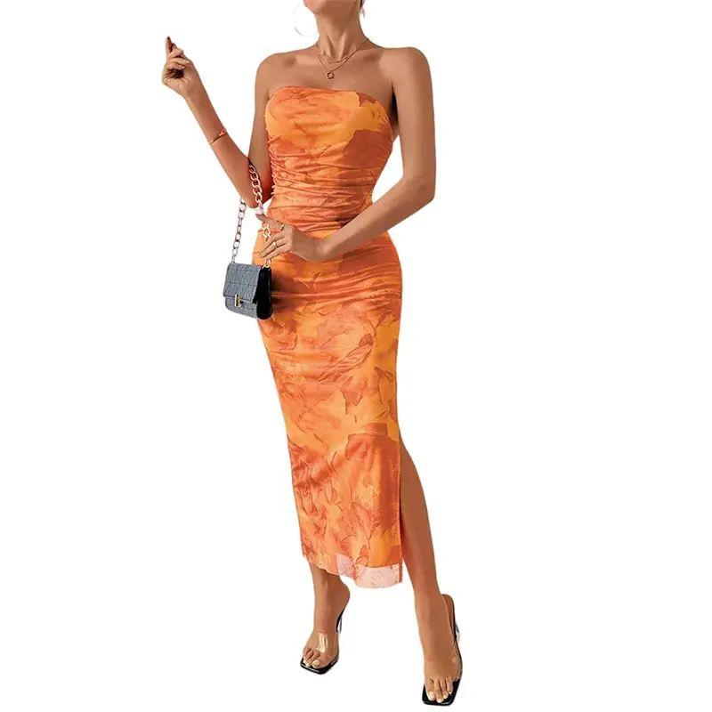 European and American Women clothes Mesh Floral Sexy Tight Split Shoulder Strap Tube Top Long dress Elegant Long Dress