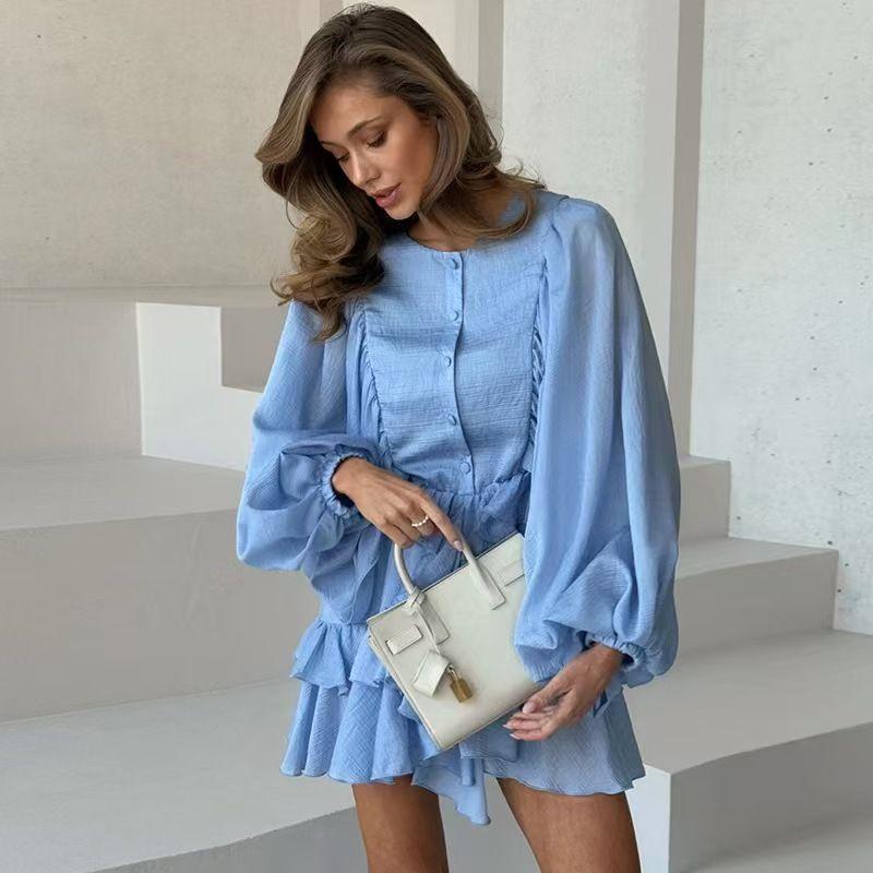 Western Style New Fashion Round Neck Breasted Frill Lantern Sleeve Dress Lantern Sleeve Dress