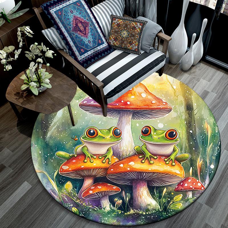 Frog Toad Mushroom Round Area Rug,Carpet Rug for Living Room Bedroom Sofa Playroom Decor,Non-slip Floor Mat