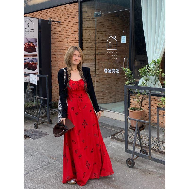 Plus size Chubby Girl French style Holiday Style Red Floral Sling Dress Women Summer New Waist Hugging Hide Meat A- line Skirt