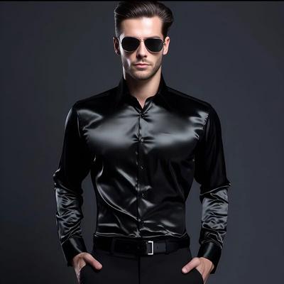 Herren-Satin-Luxus-Kleiderhemden, modisch, glattes männliches Smokinghemd, solides Hemd für Hochzeit, Party, Abschlussball, Nachtclubs