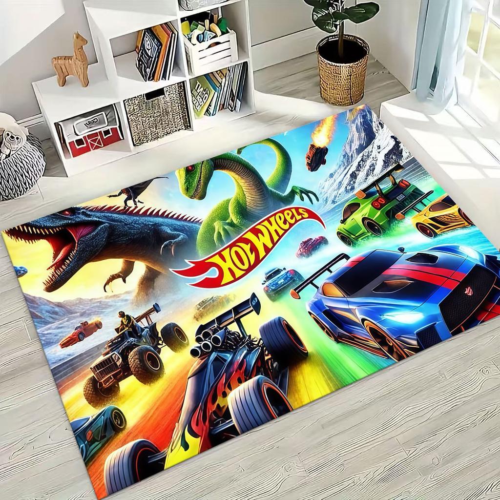 Tappeto Tappetino Decorativo per Tappeto da Arte per Auto da Corsa Giocattolo Hot Wheels a Fumetti per Camera da Letto Soggiorno Divano Casa Zerbino, Tappetino per Pavimento Grande Antiscivolo