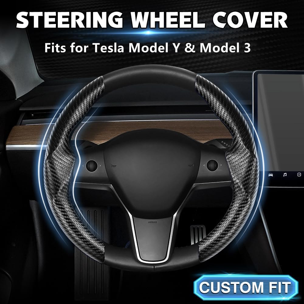Black Steering Wheel Cover For Tesla Model 3/Y 2016-2025 2026 Juniper/Highland | Non-Slip, Segmented, -Fit, Carbon Fiber | Model Y Juniper