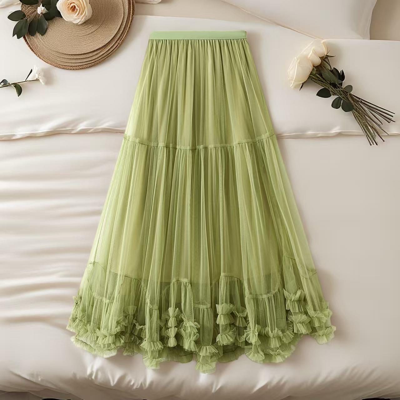 

Элегантная юбка-трапеция из сетки со сладкой кружевной отделкой с оборками One Size зелёный